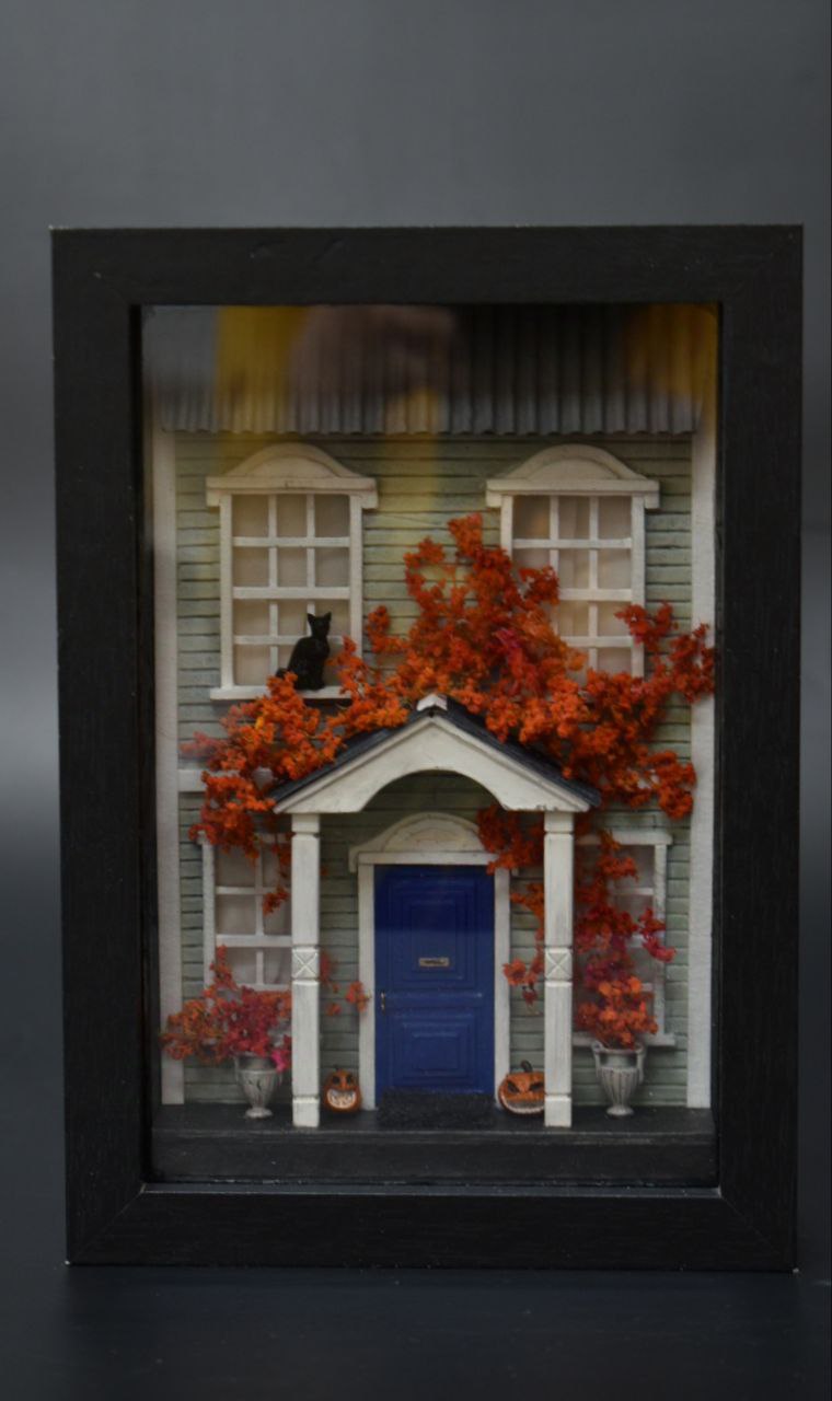 Handmade shadow box with miniature scene Halloween Manor. Miniature art by HandiCraftArt .