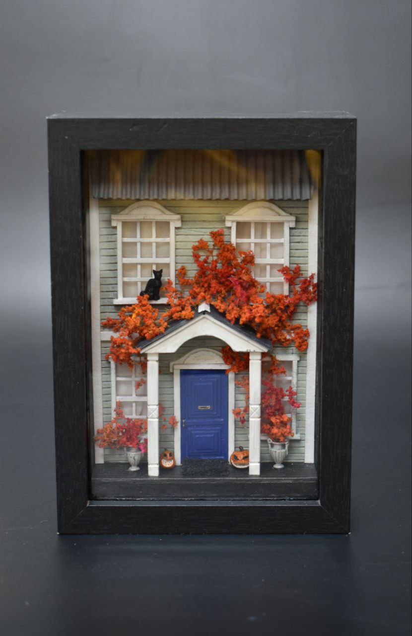 Handmade shadow box with miniature scene Halloween Manor. Miniature art by HandiCraftArt .