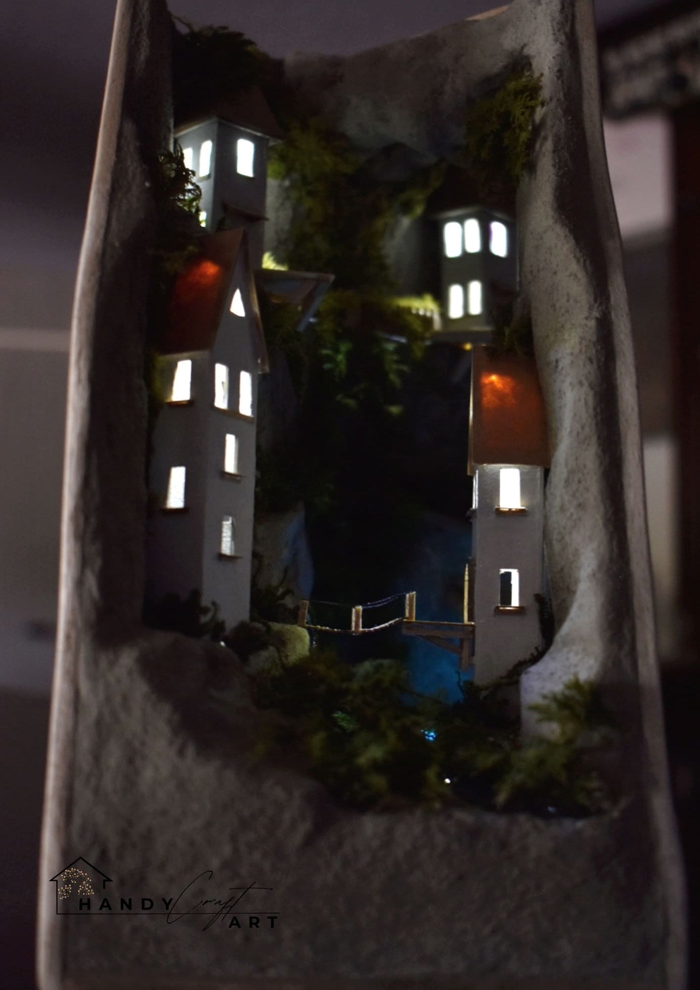 Handmade Booknook White City on The Cliffs with lightening.