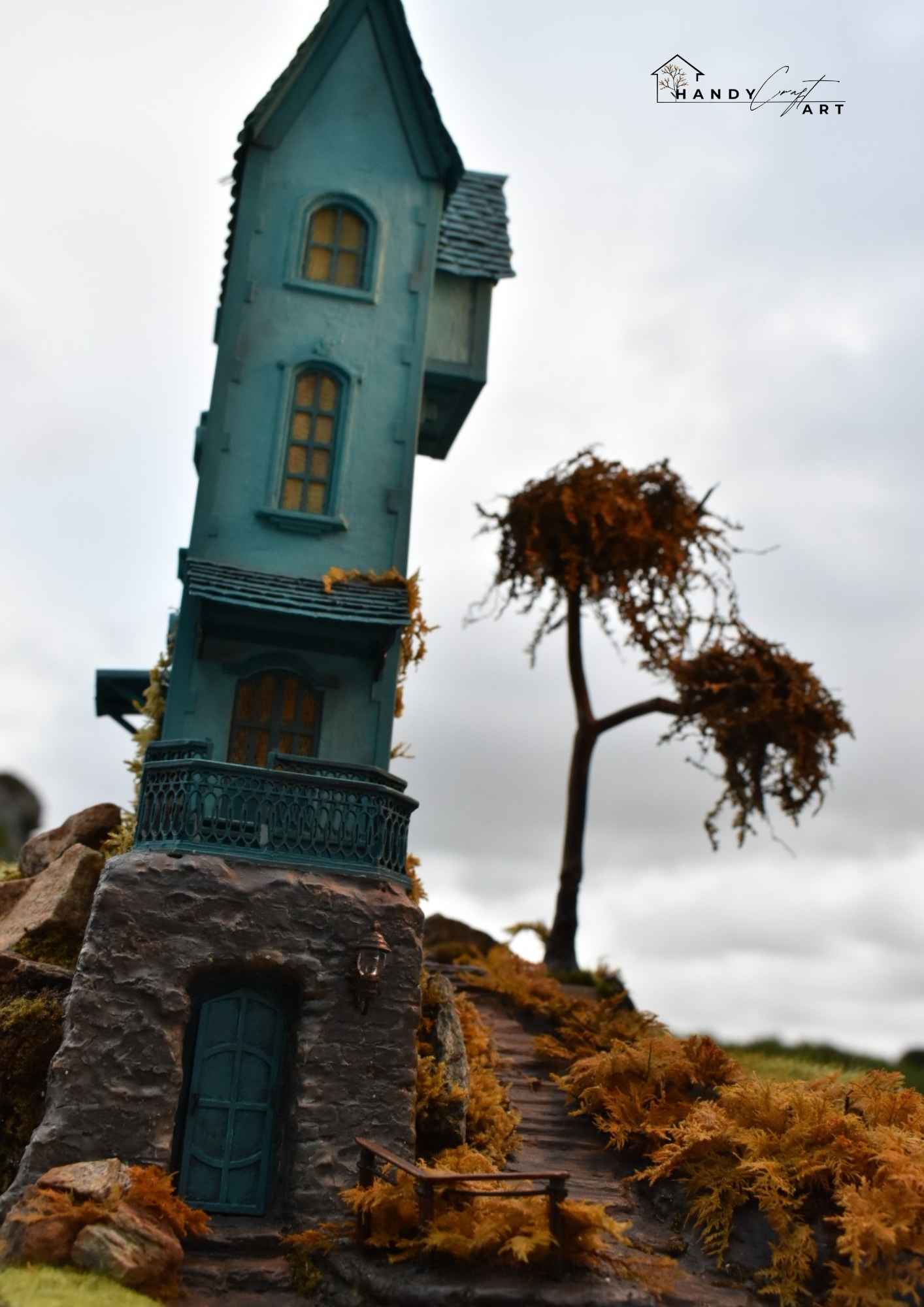 Handmade diorama blue house on a cliff, Miniature collectible scene by HandiCraftArtie. 