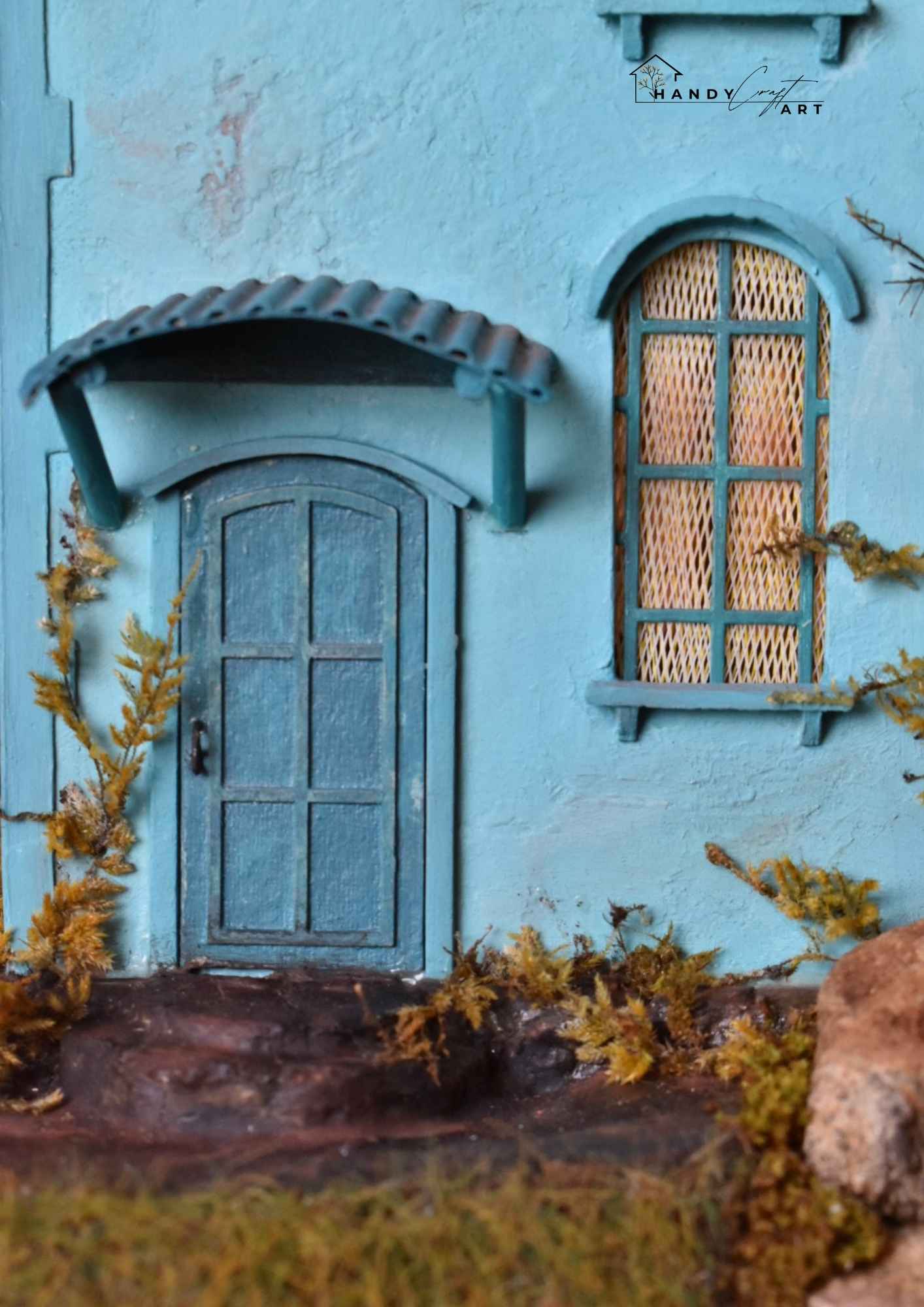 Handmade diorama, Collectible miniature  model of a blue house, surrounded by greenery by HandiCraftArtIE.