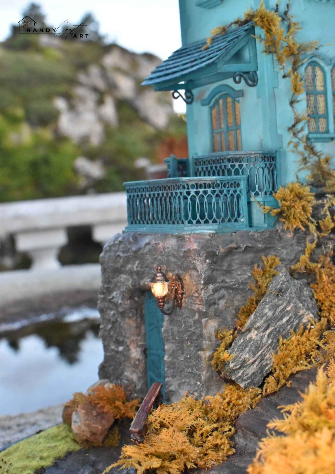 Miniature handcrafted diorama with blue house and autumn scene by HandiCraftArtIE. Miniature fairy house 