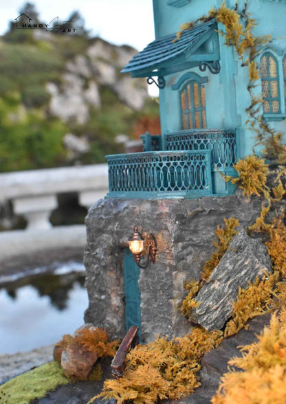 Miniature handcrafted diorama with blue house and autumn scene by HandiCraftArtIE. Miniature fairy house 