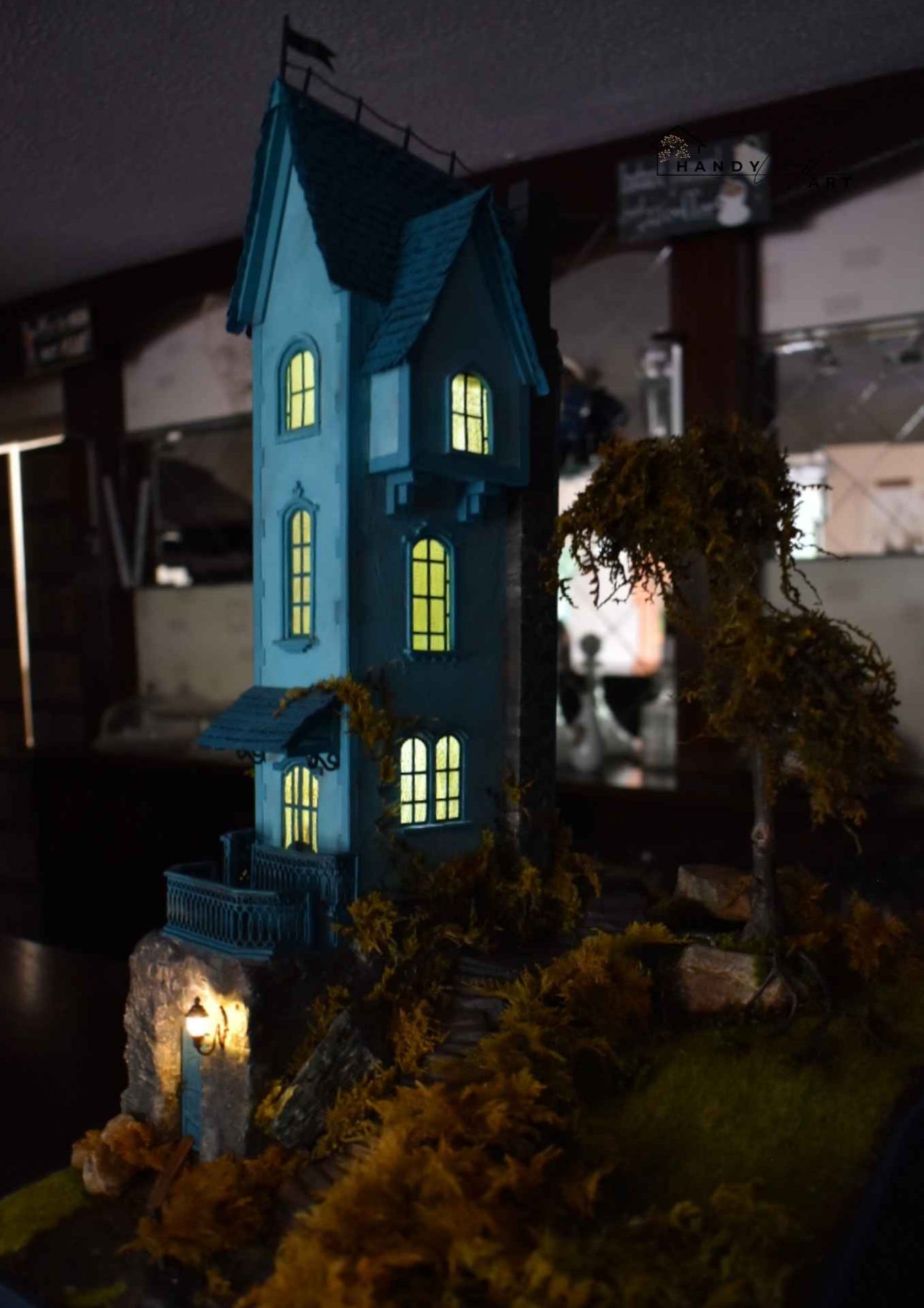  Dioramas scene by HandiCaftArtIE. Handmade blue house with glowing windows and lightening tiny lantern.