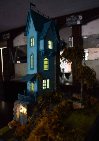 Dioramas scene by HandiCaftArtIE. Handmade blue house with glowing windows and lightening tiny lantern.