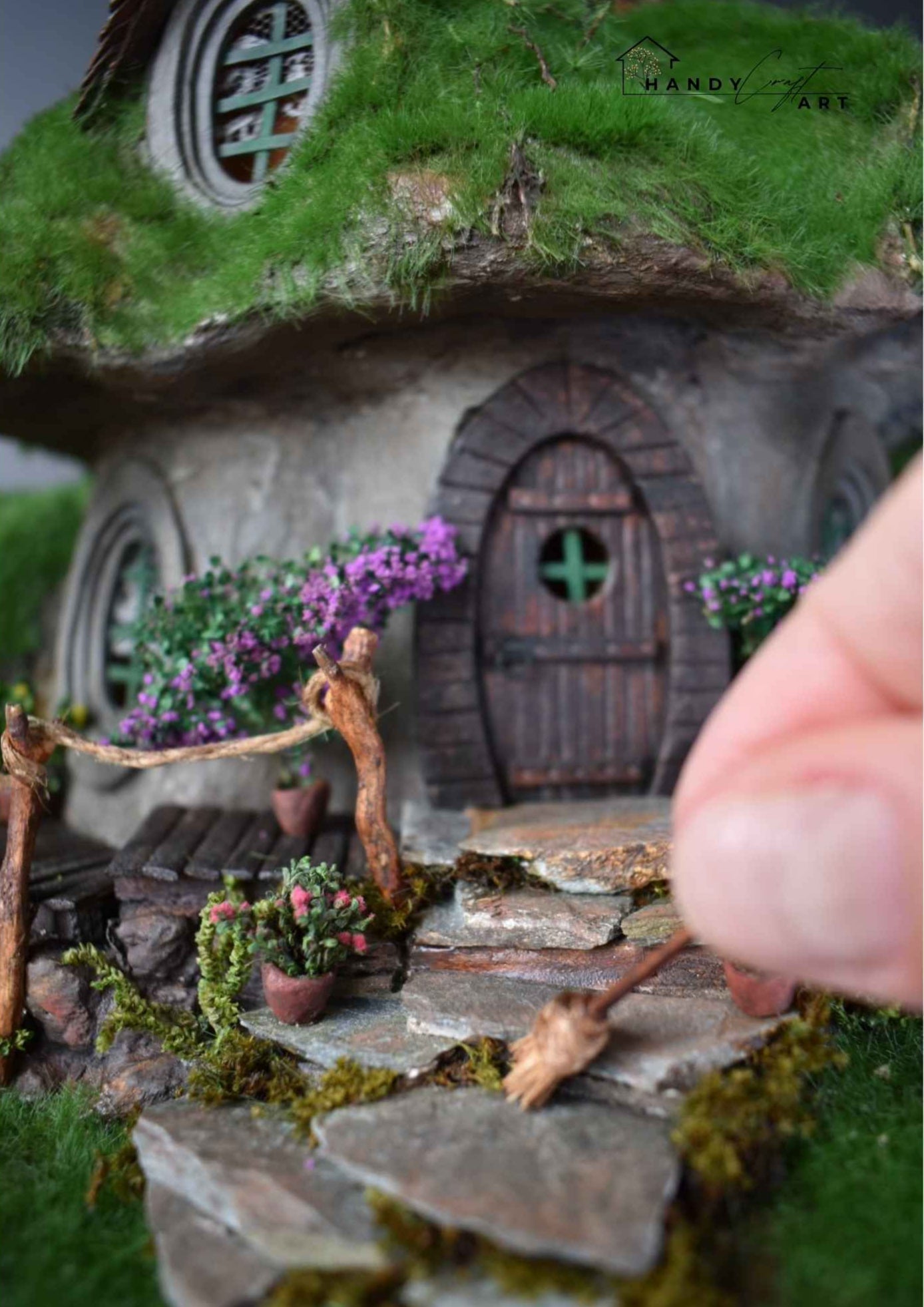 Fantasy diorama tree house miniature handcrafted with natural textures by HandicraftArtie. Miniature hobbit house.