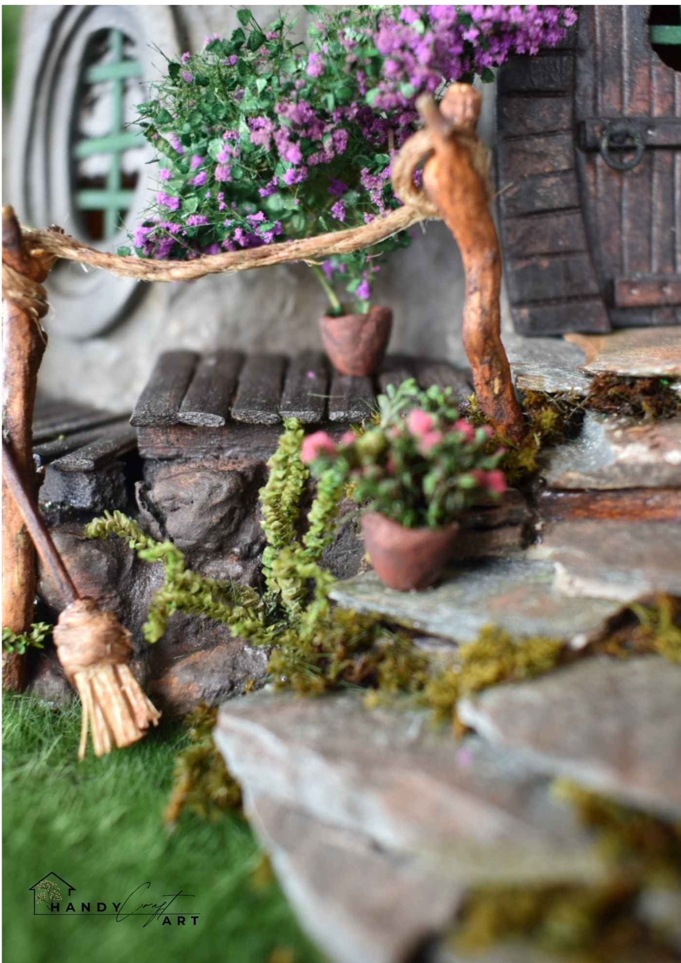 Whimsical handmade fantasy diorama tree house garden scene for  bookshelf decore by HandicraftArtie.