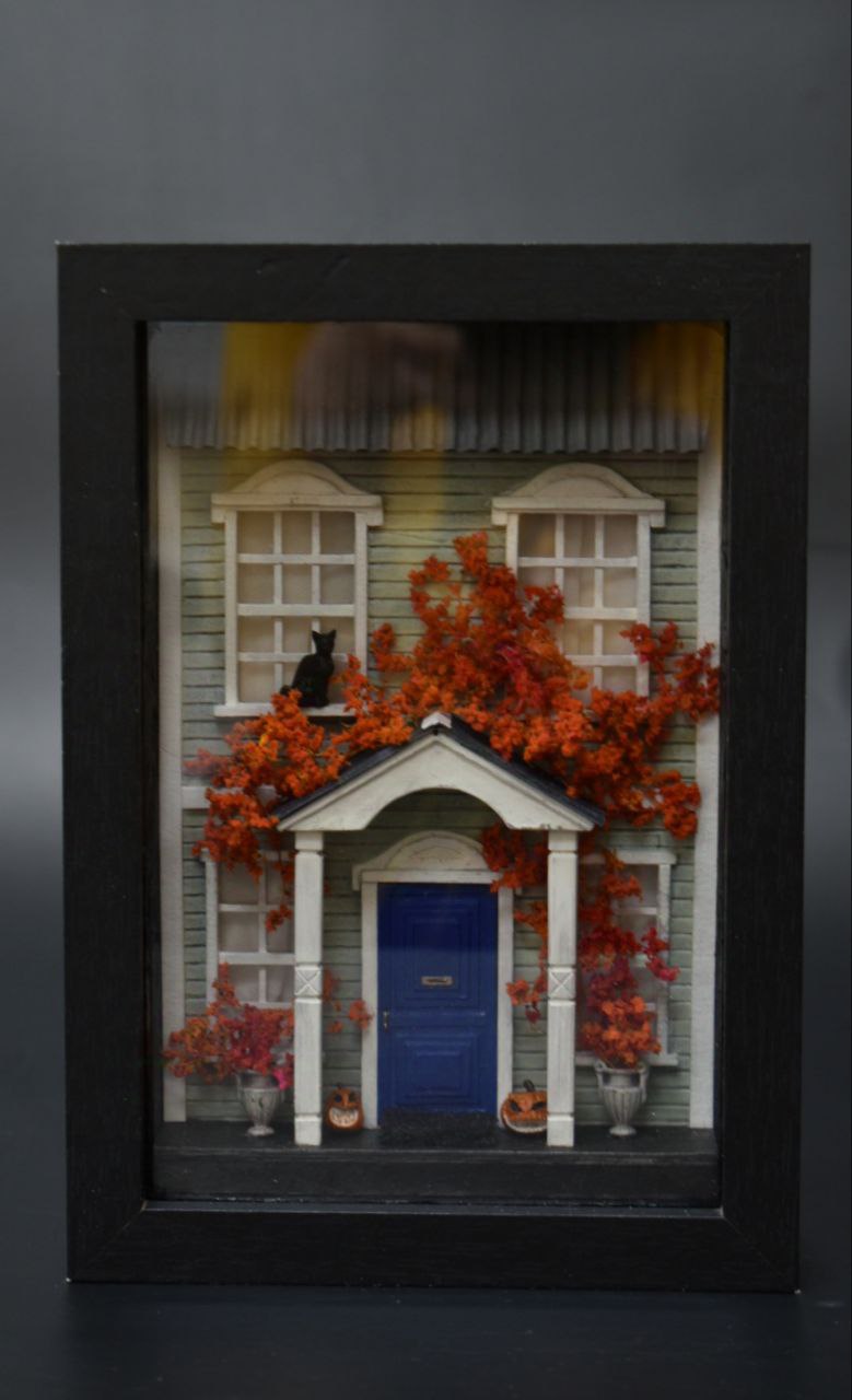 Handmade  shadow box with miniature scene Halloween Manor.  Miniature art  by HandiCraftArt .