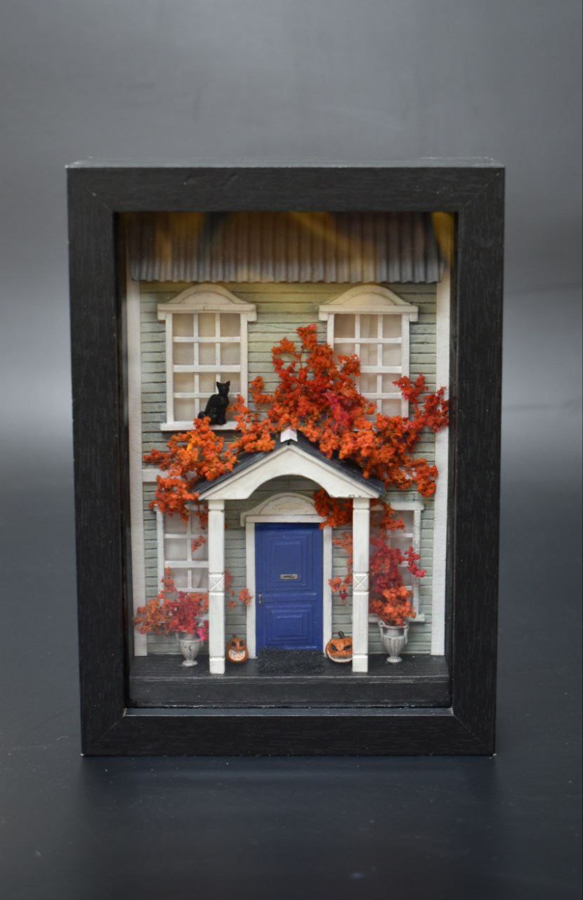 Handmade  shadow box with miniature scene Halloween Manor.  Miniature art  by HandiCraftArt .