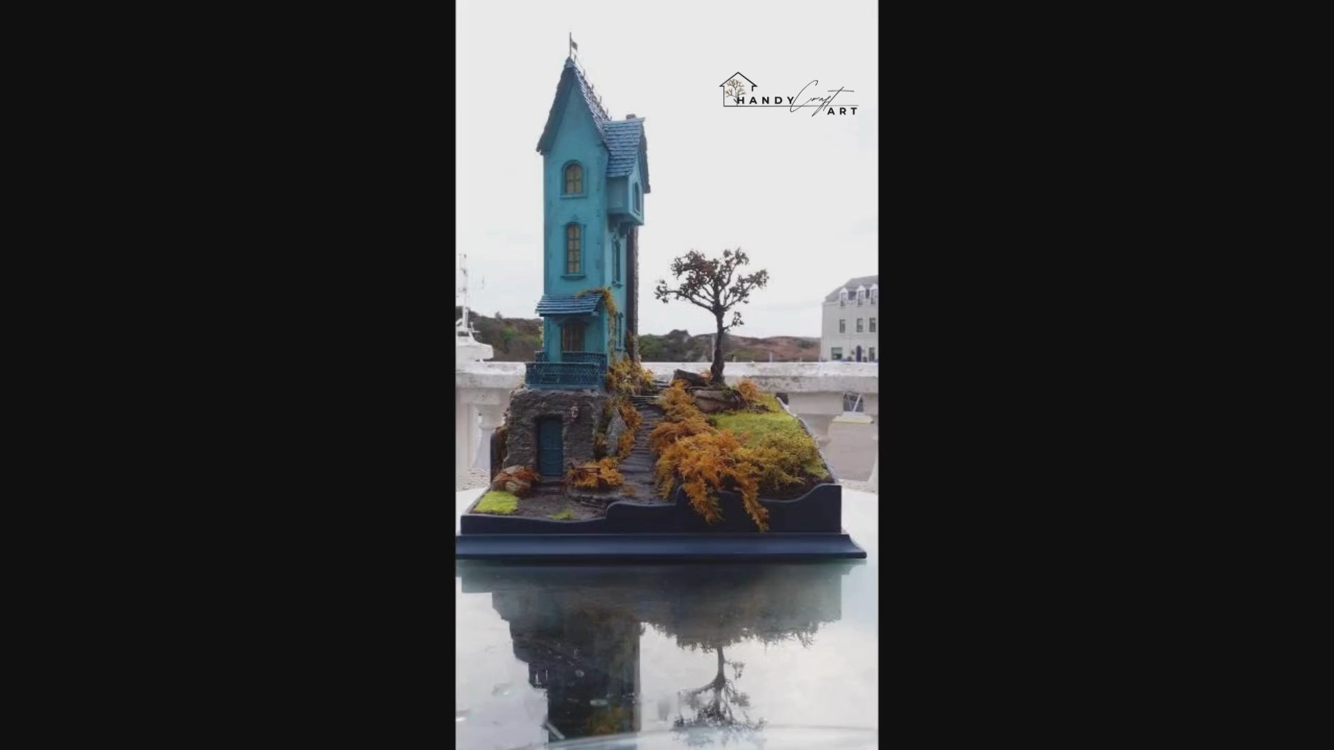 Load video: Handmade diorama blue house miniature, 360-degree view, collectible